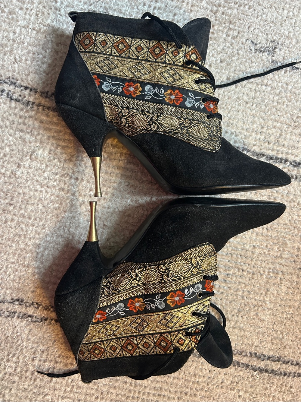 VINTAGE Black Embroidered Suede Lace-Up Ankle Booties SOLID Gold stilettos